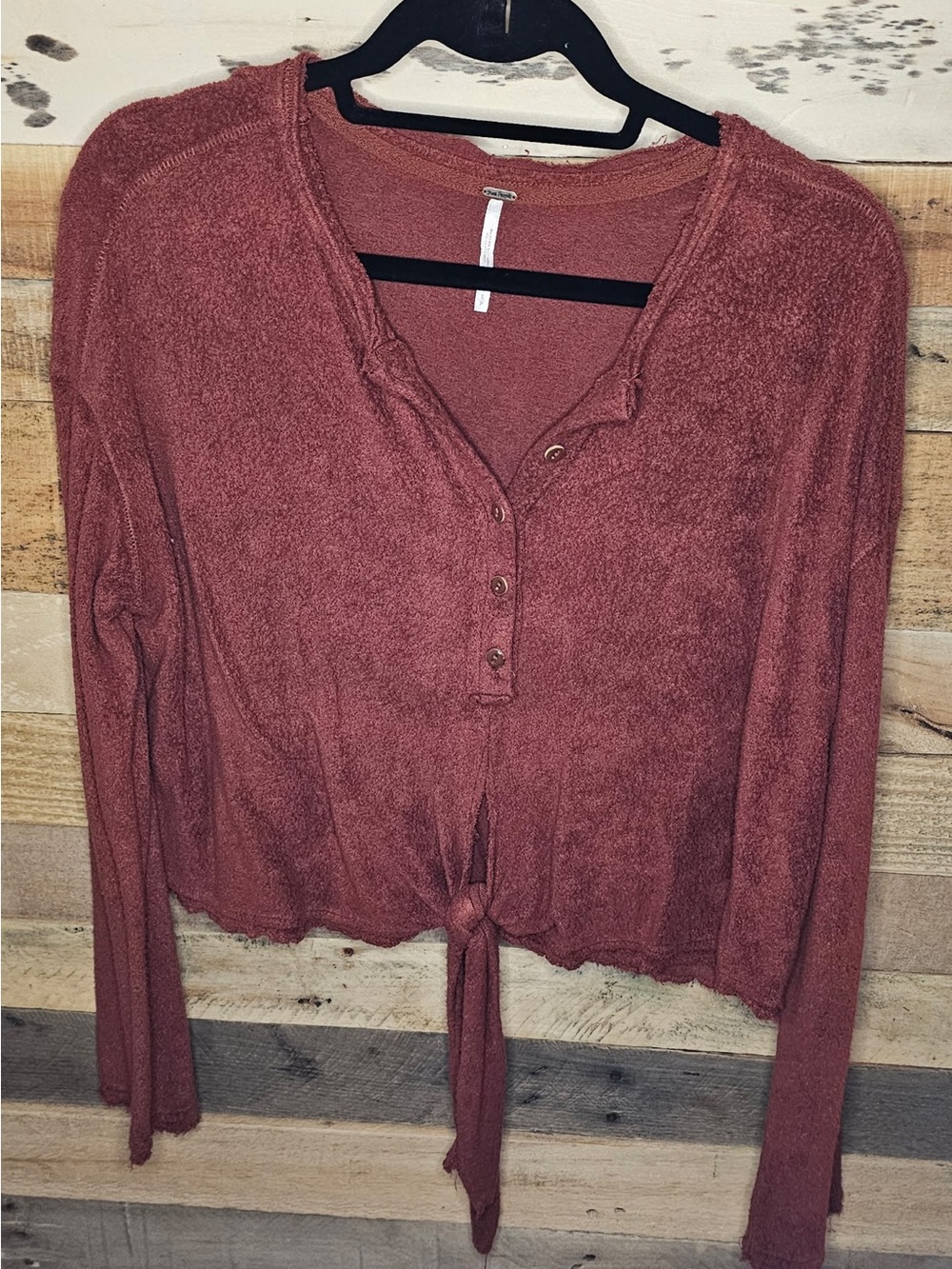 Free People Long-Sleeve Tie-Front Henley Top in Dusty Rose